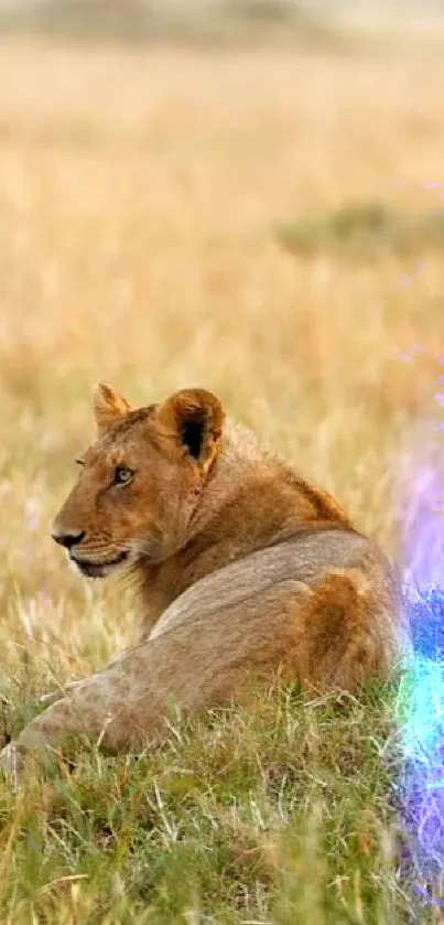 Regal lion resting in the golden savanna with vibrant blue accents.