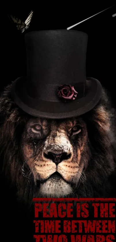 Lion wearing top hat with peace message on black background.