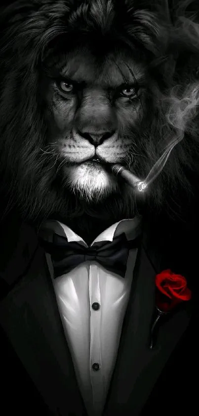 Majestic lion in tuxedo with a red rose and smoke plume.