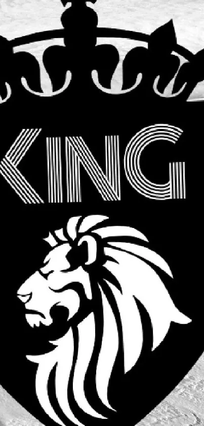 Monochrome wallpaper featuring a lion crest with the word 'King'.