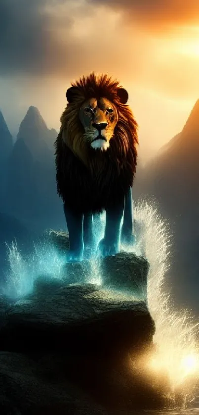 Majestic lion on misty rocks at sunset with mountains.