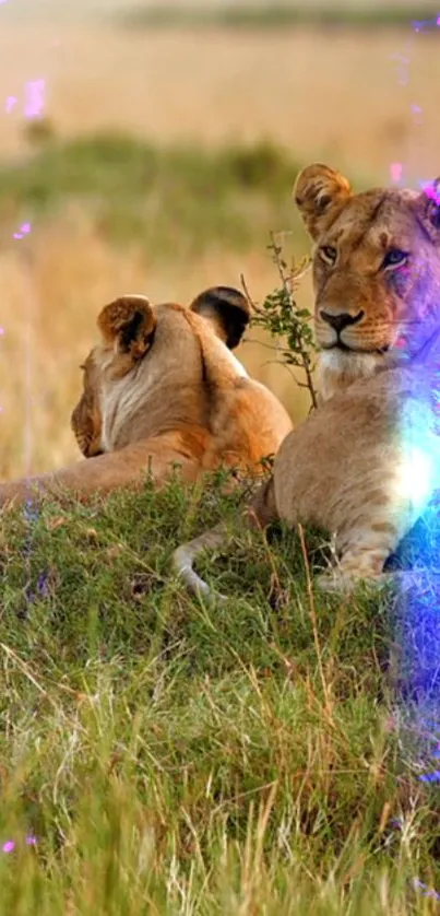 Lions resting in a vibrant field with artistic light effects.