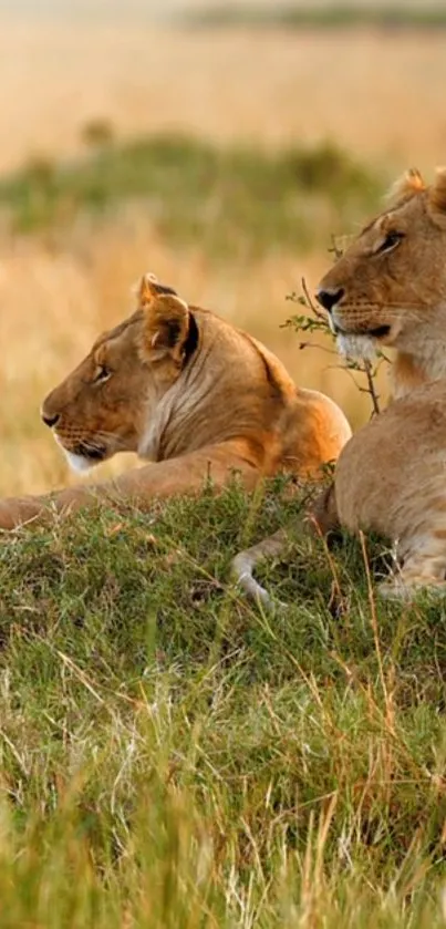 Lions resting in the golden savannah