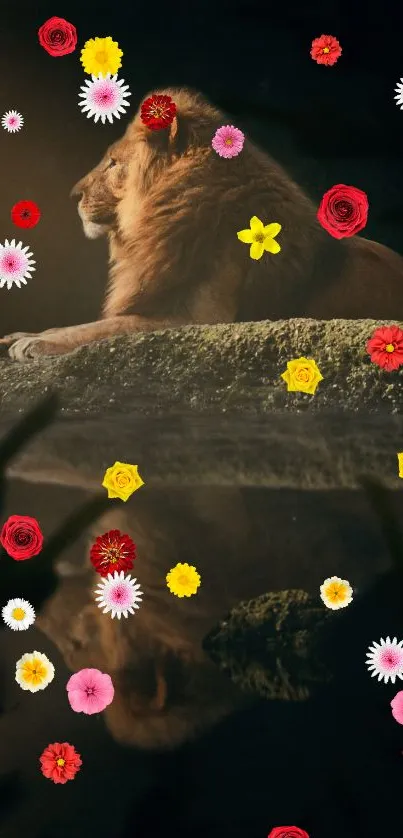 Majestic lion with colorful flowers on a black background, reflecting elegance and nature.