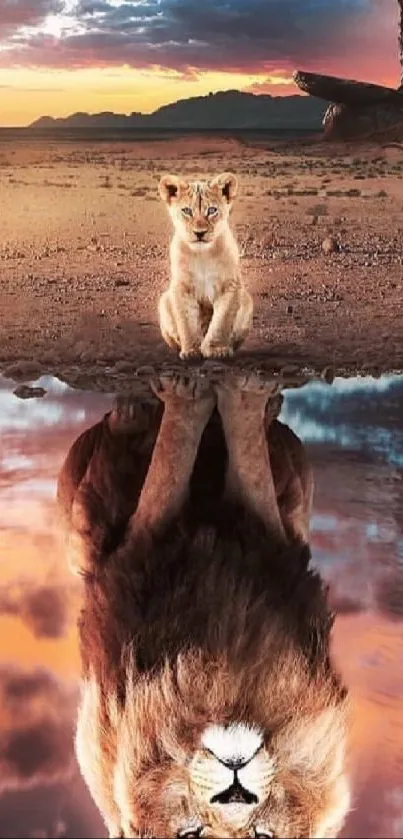 Lion cub reflecting as adult lion in desert scenery.