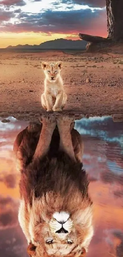 Lion cub looking at its reflection in water against a sunset backdrop.