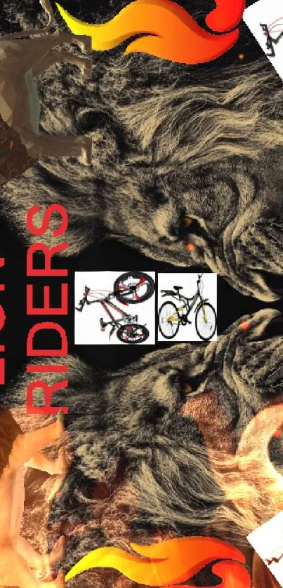 Lion Riders wallpaper with flames and bicycle elements.