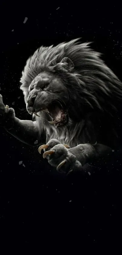 Majestic roaring lion in the dark wallpaper.