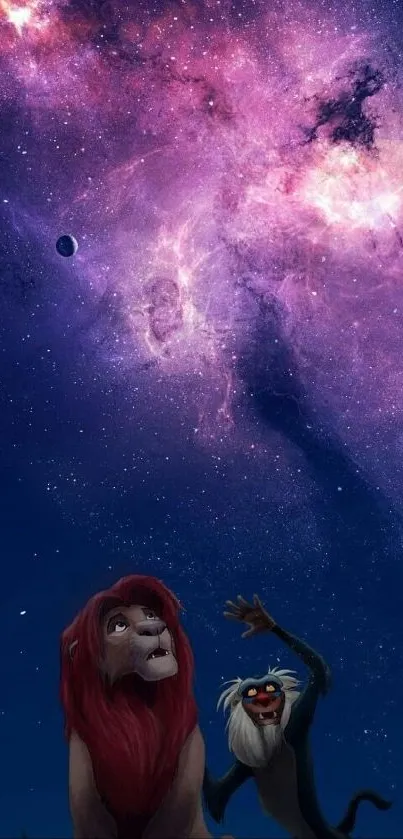 Lion and baboon under a vibrant galaxy sky wallpaper.