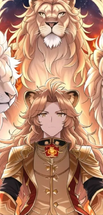 Anime character with lions in a regal fantasy setting.