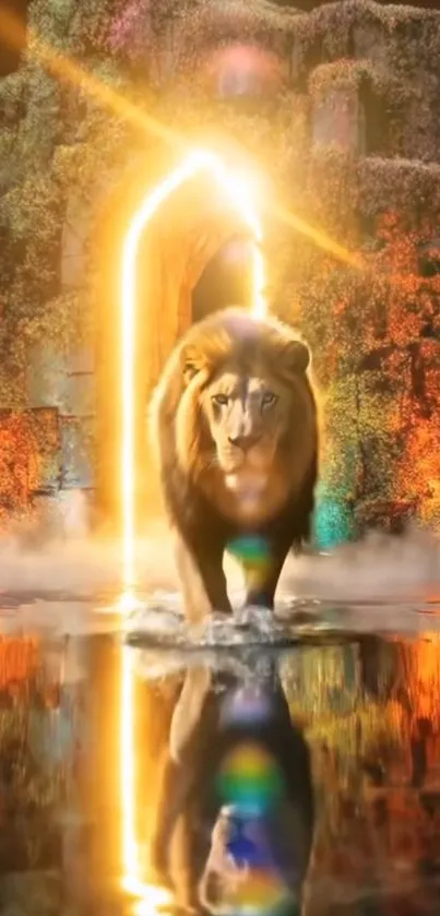 Lion walking through a glowing mystical portal with reflection.