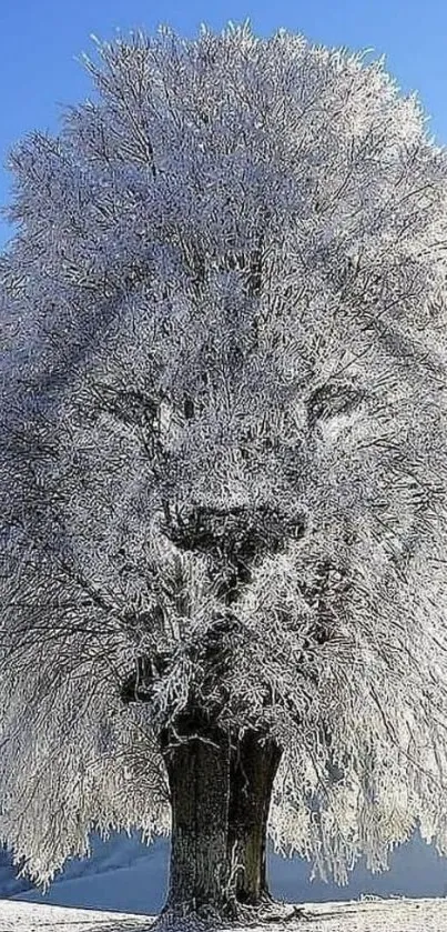 Frosty tree forming a lion against a blue sky.