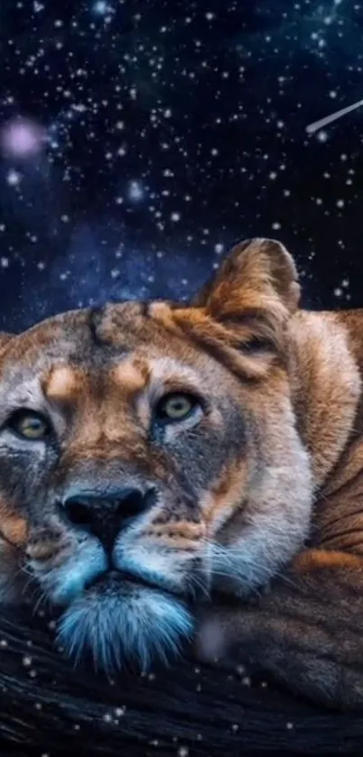 Majestic lion rests under a starry night sky with cosmic elements.