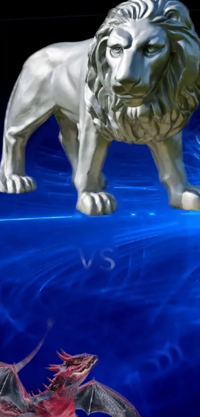 Lion vs Dragon fantasy wallpaper with vibrant blue tones.