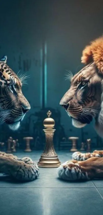 Lion and tiger facing each other over chess piece in a strategic showdown scene.