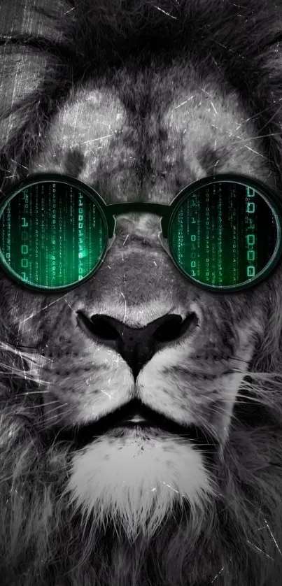 Lion wearing green cyber glasses in black and white digital wallpaper.