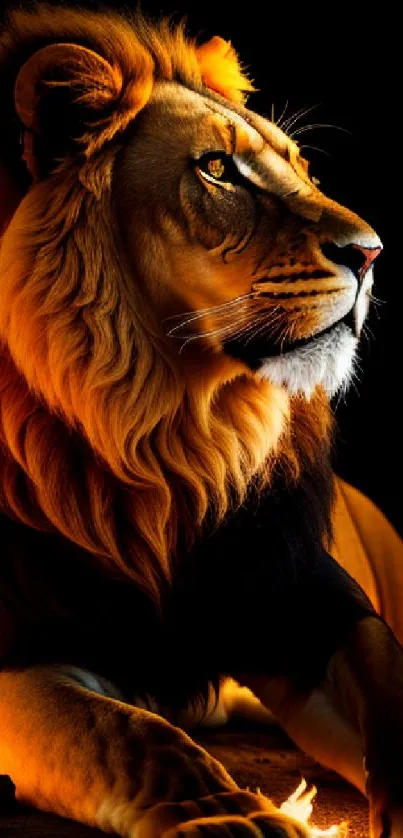 Majestic lion with fiery flames in the dark.