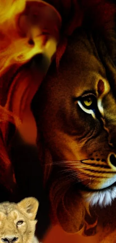 Artistic depiction of a lion with a flaming mane and intense gaze.