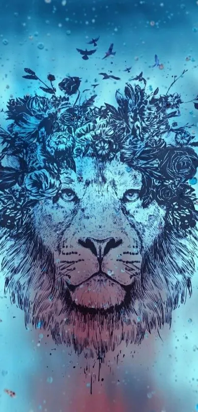 Lion with floral crown on blue background.