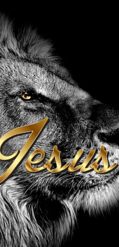 Majestic lion with golden 'Jesus' text on a black background.