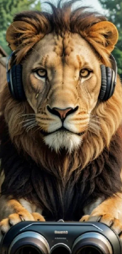 Lion wearing headphones with stereo system in a garden setting.