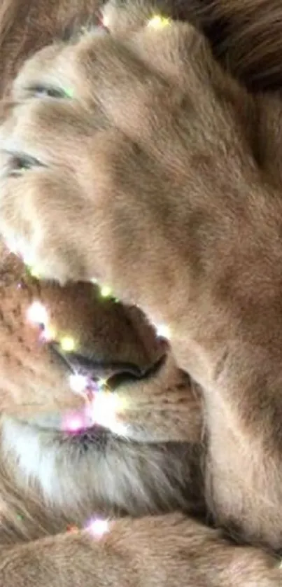 Lion covering face with paw and sparkling mane.