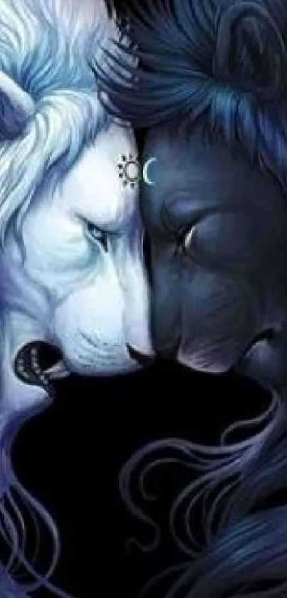 Yin Yang lion mobile wallpaper with contrasting dark and light art.