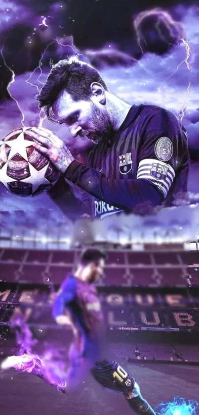 Vibrant football-themed wallpaper with dynamic player in purple shades.