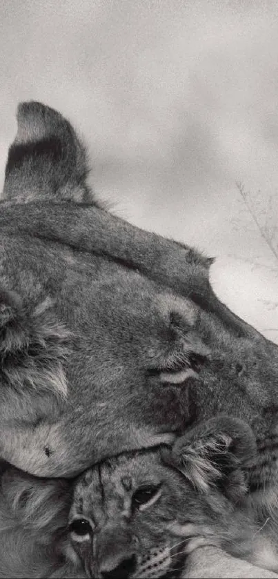 Monochrome lioness and cub, serene nature scene.