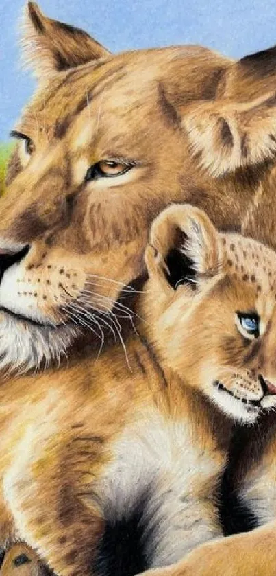 Illustrated lioness with cub in a serene, natural setting, perfect for mobile wallpaper.