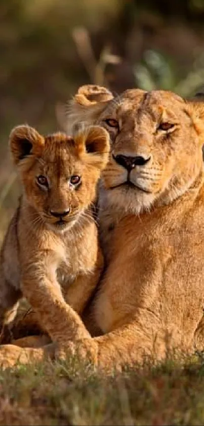 Lioness and cub sitting on grass in natural habitat.