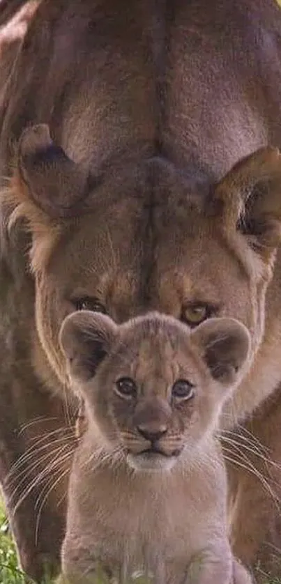 Lioness protectively stands behind her cub in lush green surroundings.