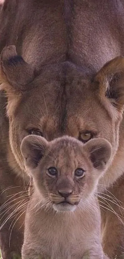 Lioness standing protectively with cub on grass.