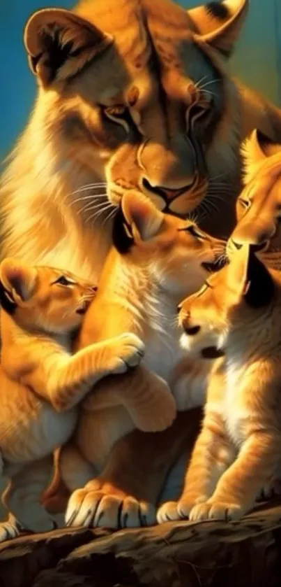 Lioness with playful cubs in natural setting.