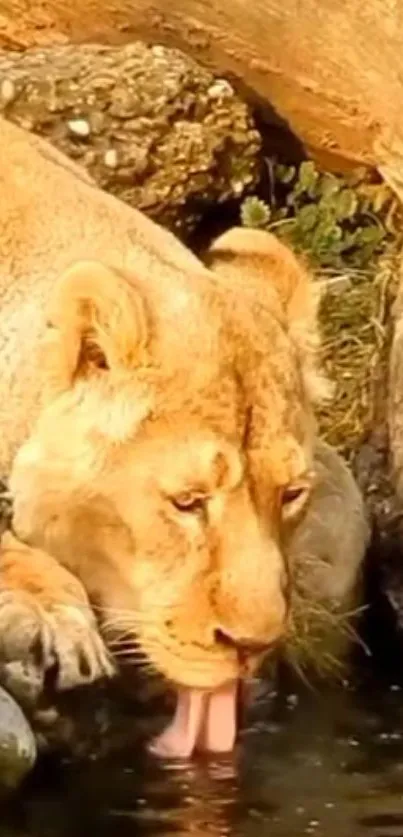 Lioness drinking water by a riverbank in golden natural setting.