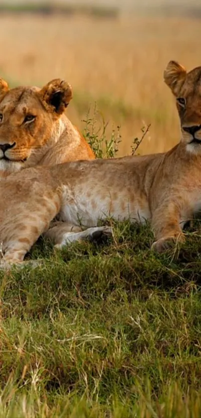 Two lionesses resting on grassy savanna scene.