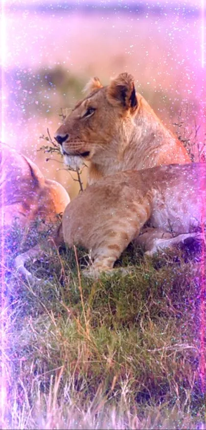 Lioness resting in the wild with a glittery, dreamy overlay effect, perfect for mobile.