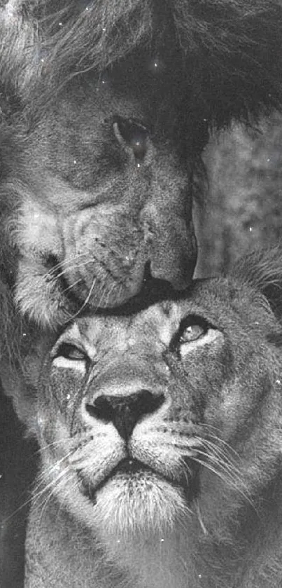 Black and white photo of two lions in an affectionate pose.