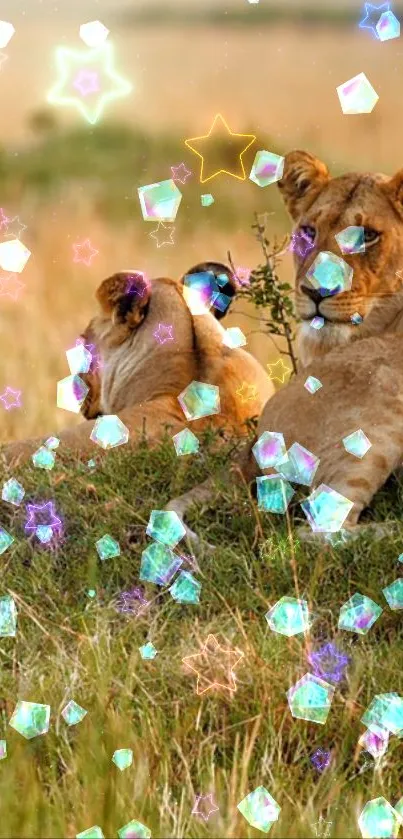 Lions lounging in a field with colorful floating stars and cubes.