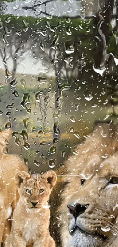 Lion family in a rainy safari setting, with raindrops on the screen.