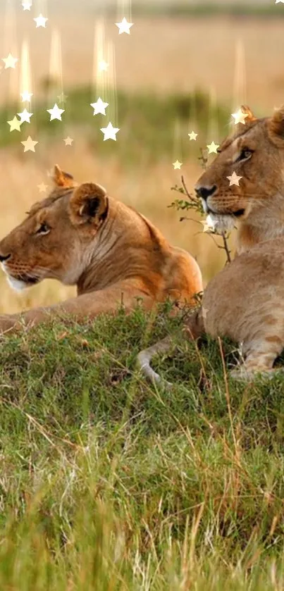 Majestic lions resting in the savanna with starry overlay.