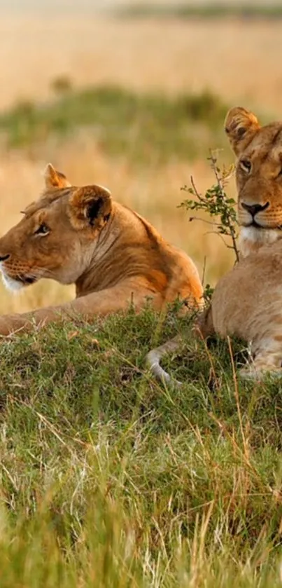 Two lions resting in a grassy savannah landscape.