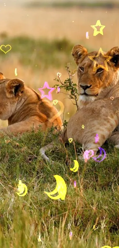 Two lions resting in savanna with colorful stars and hearts.