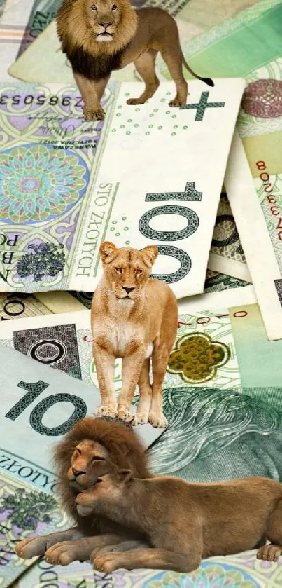 Wallpaper of lions on Polish currency notes with vibrant colors.