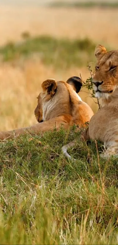 Lions lying peacefully in the grassy African savanna.