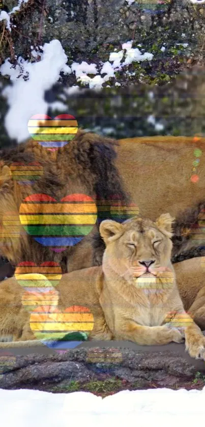 Lions resting in snowy landscape with contrasting elements.