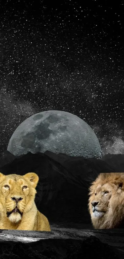 Two lions resting under a starry night sky with a moonlit landscape.