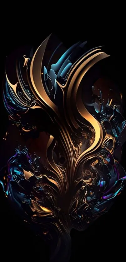 Abstract feather design in gold and blue on a dark background.