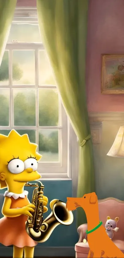 Lisa standing in a vibrant room playing saxophone.