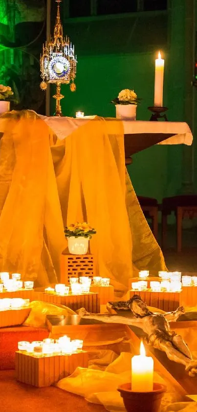 Candles glow warmly on a decorated altar.